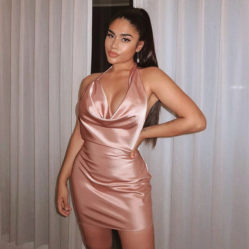 CBK: RACHEL Satin Cowl Neck Backless Mini Party Dress