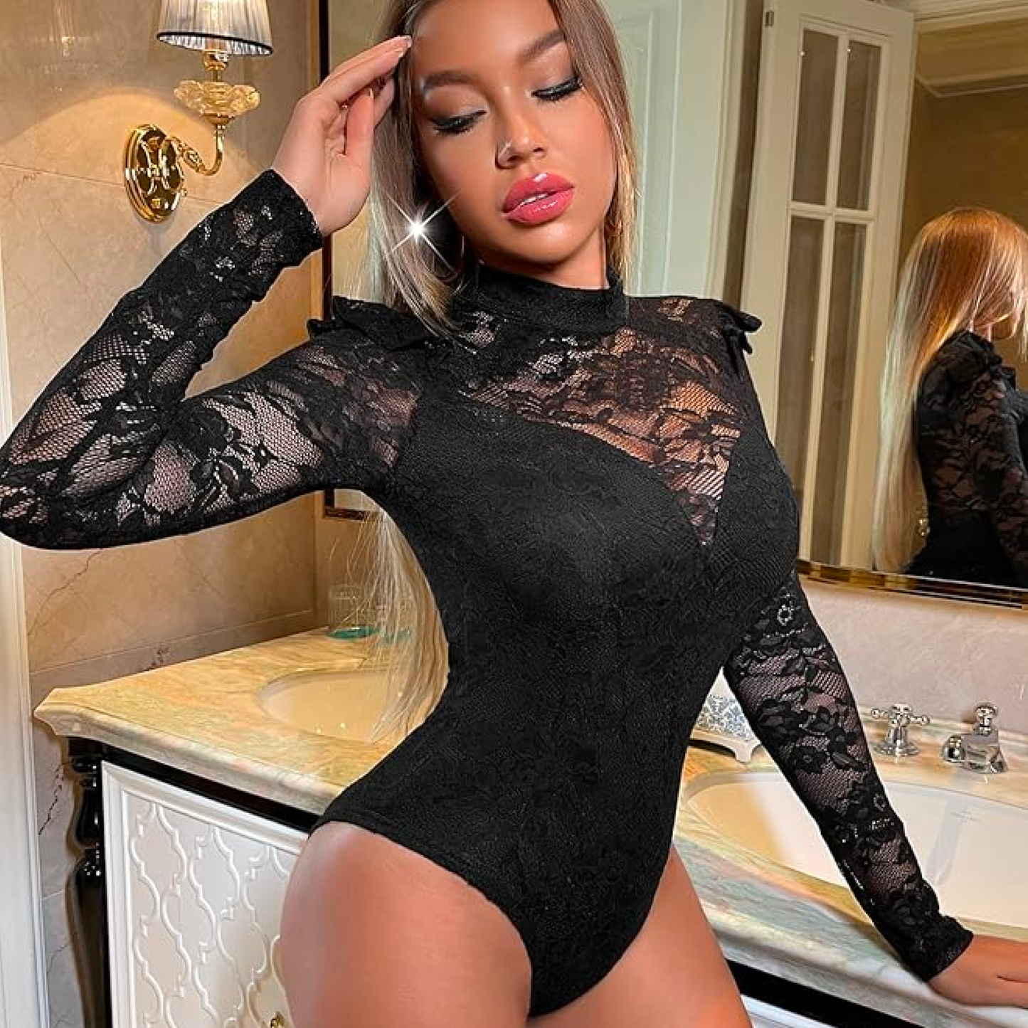 AMAZON: Women's Long Sleeve Ruffle Trim Skinny Lace Bodysuit Top