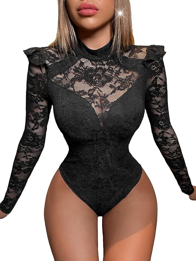 AMAZON: Women's Long Sleeve Ruffle Trim Skinny Lace Bodysuit Top