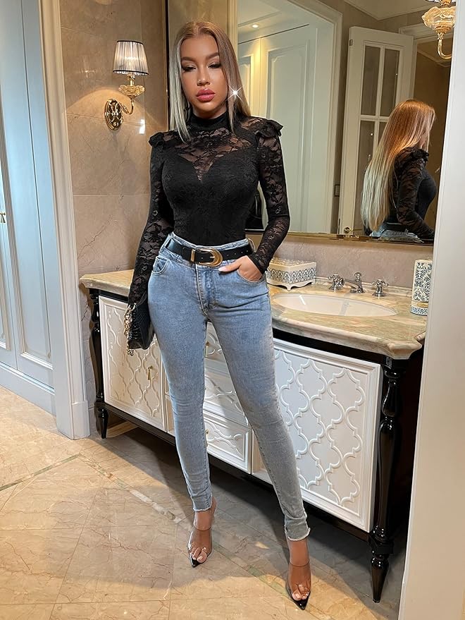 AMAZON: Women's Long Sleeve Ruffle Trim Skinny Lace Bodysuit Top