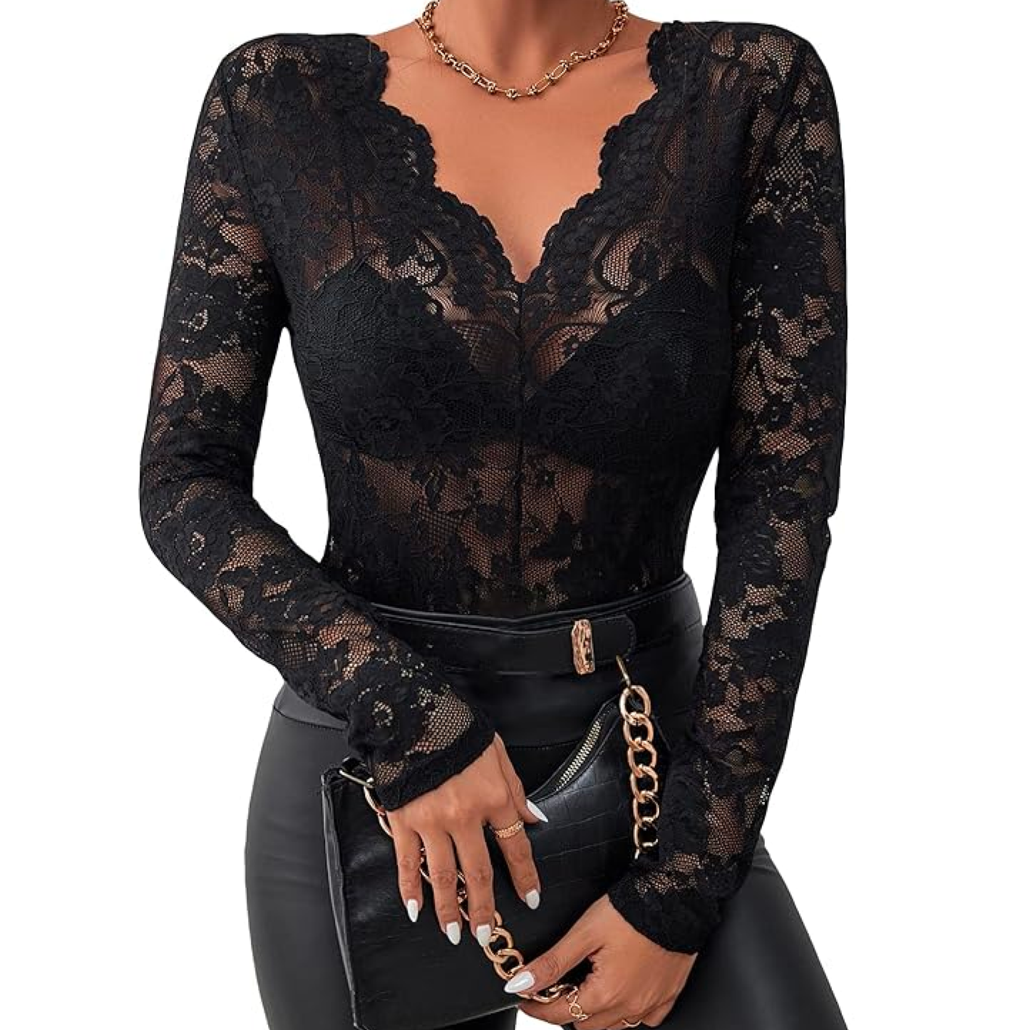 AMAZON: Women's Floral Embroidery Mesh Lace Round Neck Long Sleeve Top