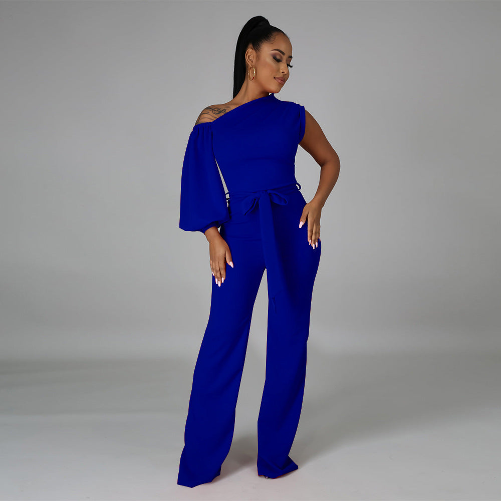 PIPA One-Shoulder Wide Leg Jumpsuit - Model standing in blue lapis lazuli
