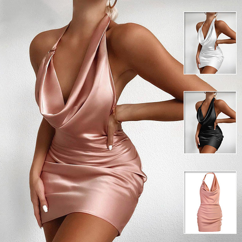 CBK: RACHEL Satin Cowl Neck Backless Mini Party Dress