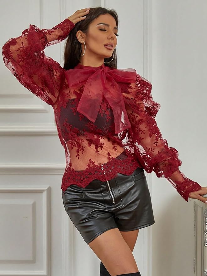 AMAZON: Tie Neck Lantern Sleeve Embroidered Mesh Blouse