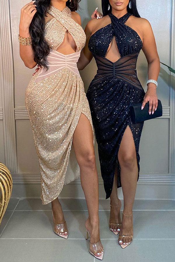 AMAZON: Cross Halter Sequin Cut-Out Party Cocktail Dress