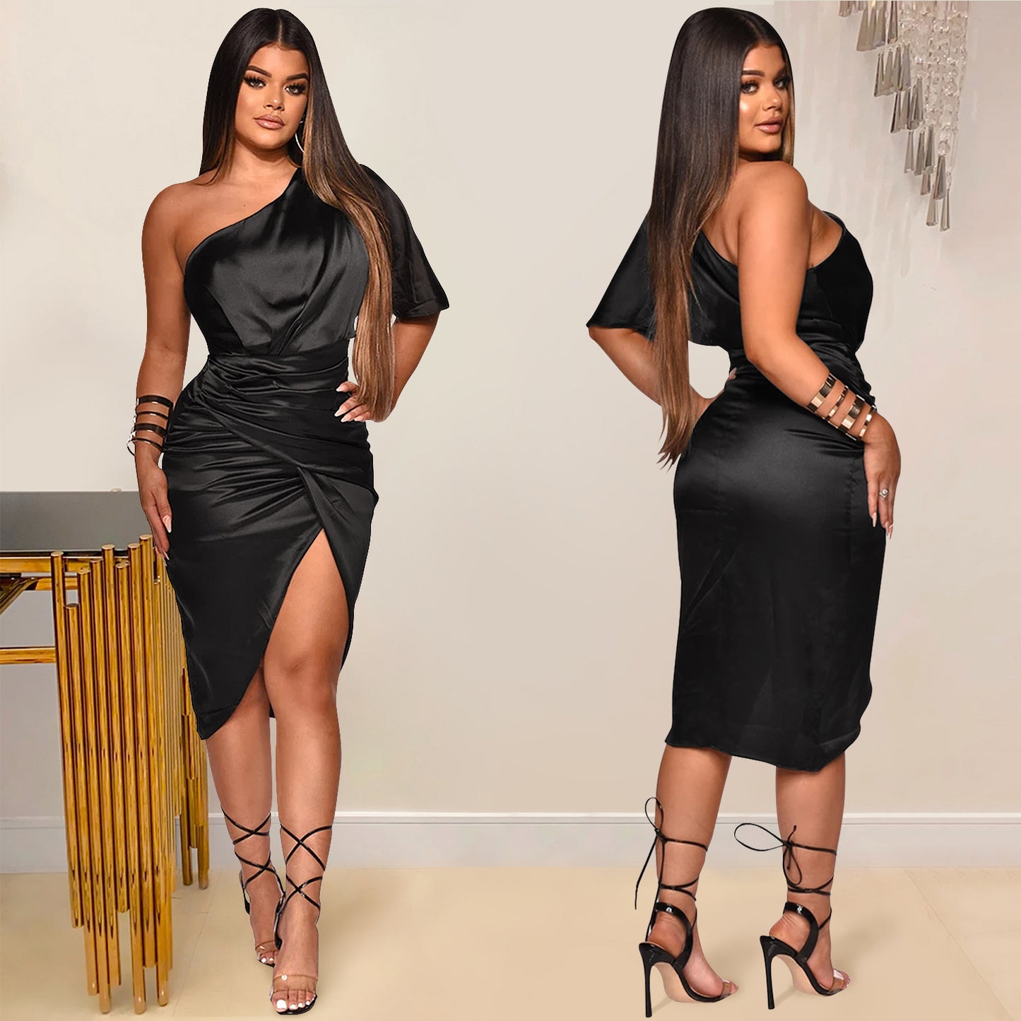 CBK: LAILA Split-Side Asymmetric One-Shoulder Midi Dress