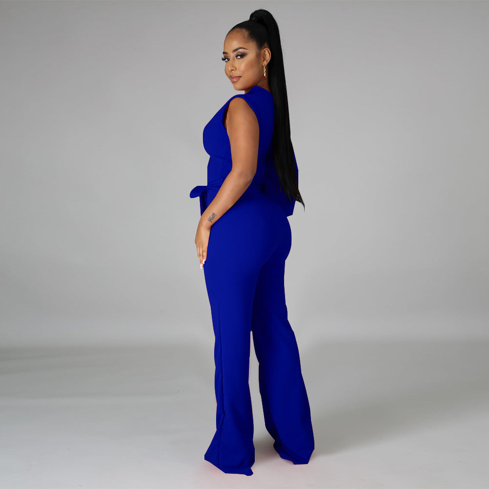 PIPA One-Shoulder Wide Leg Jumpsuit - Model standing in blue lapis lazuli