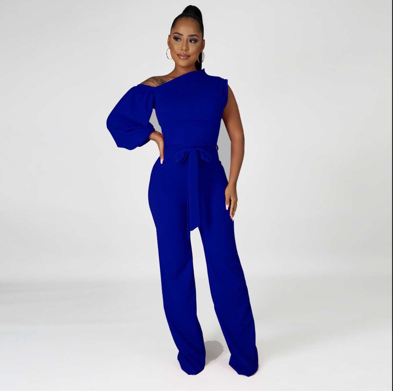 PIPA One-Shoulder Wide Leg Jumpsuit - Model standing in blue lapis lazuli