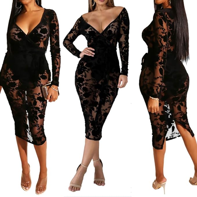 AMAZON: Women's Sexy Off Shoulder Bodysuit Mesh Midi Dress