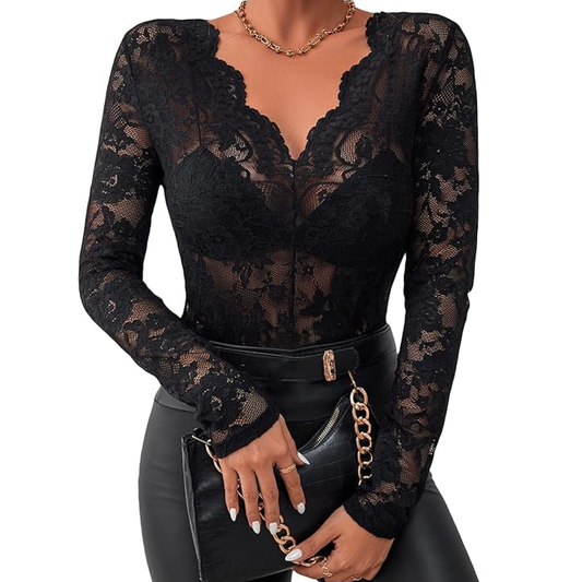 AMAZON: Women's Floral Embroidery Mesh Lace Round Neck Long Sleeve Top