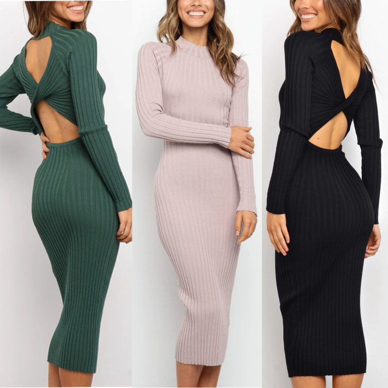 CHRISETTE Backless Bodycon Cut-Out Twist Sweater Dress - 3 models showing dress features