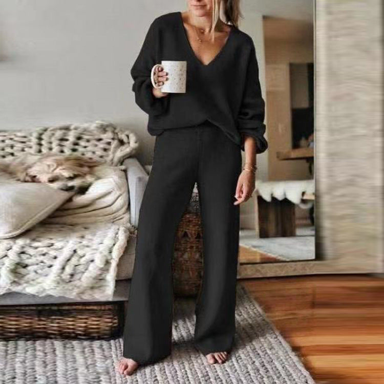 CBK: CALLIE 2 Piece Casual V-Neck Knit Pullover & Wide Leg Lounge Set