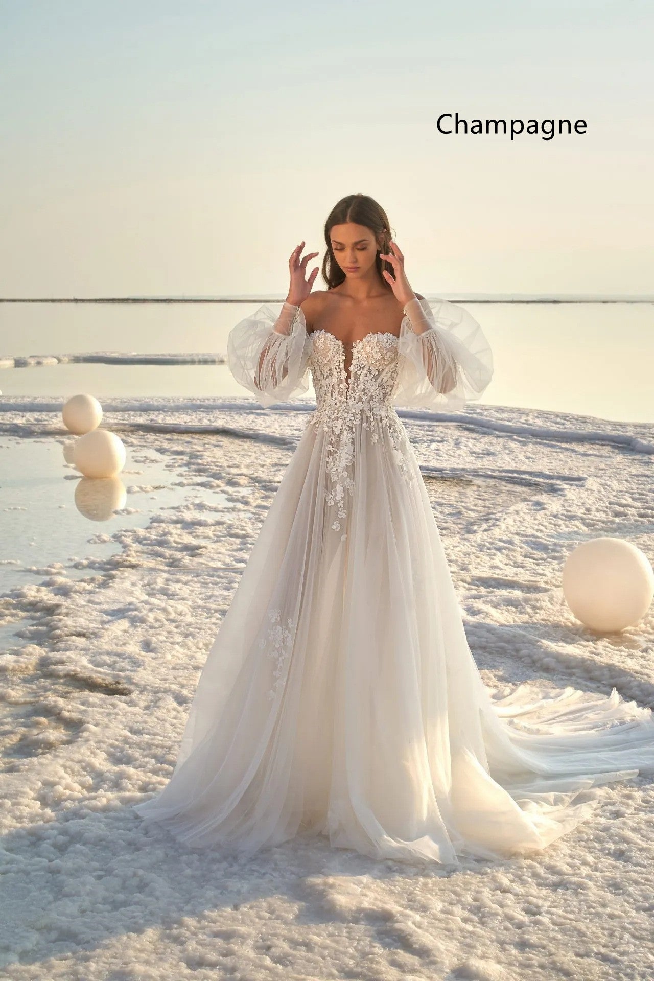 CBK: PLAYA Puff Sleeve Tulle Lace Beach Wedding Dress