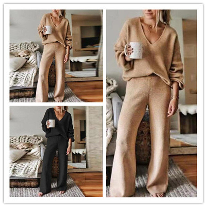 CBK: CALLIE 2 Piece Casual V-Neck Knit Pullover & Wide Leg Lounge Set