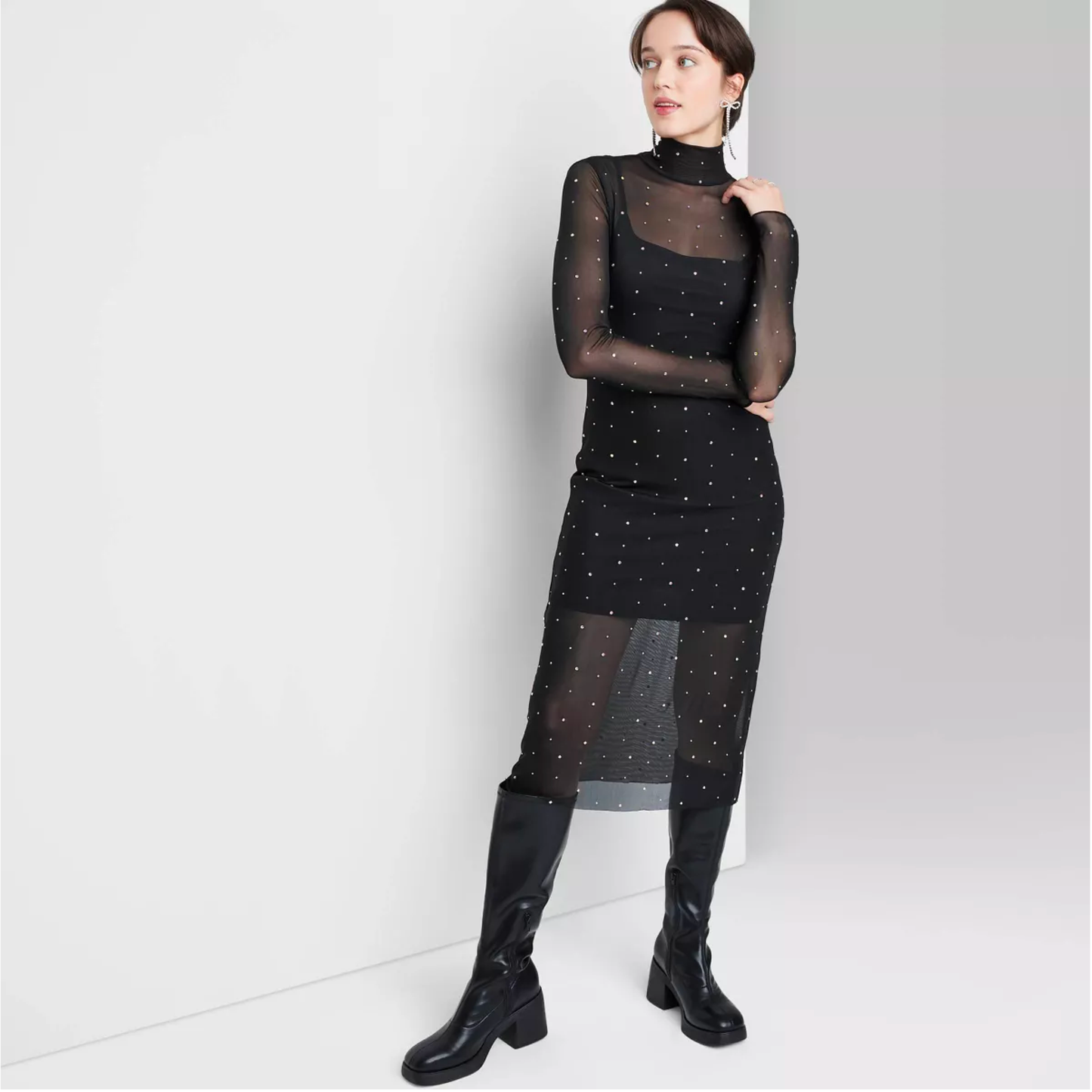 TARGET: Women's Long Sleeve Rhinestone Mesh Midi Dress - Wild Fable™ Black