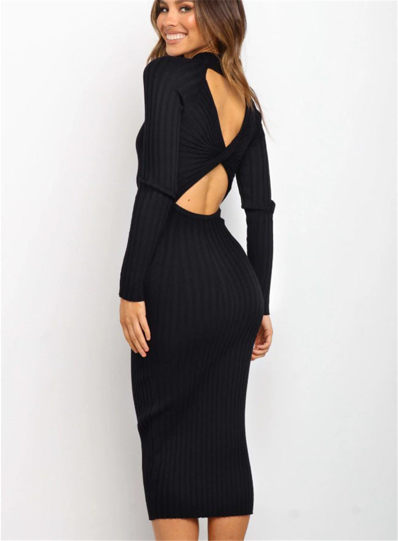 CHRISETTE Backless Bodycon Cut-Out Twist Sweater Dress - black