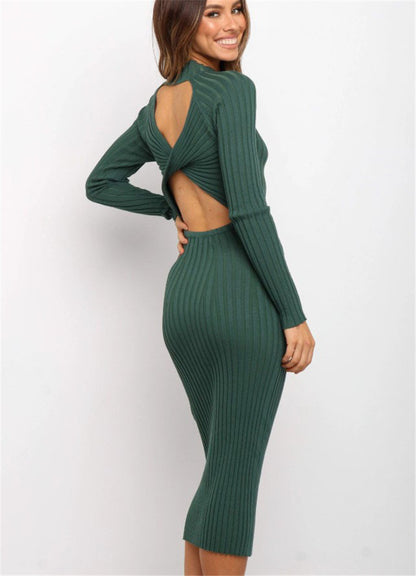 CHRISETTE Backless Bodycon Cut-Out Twist Sweater Dress - green