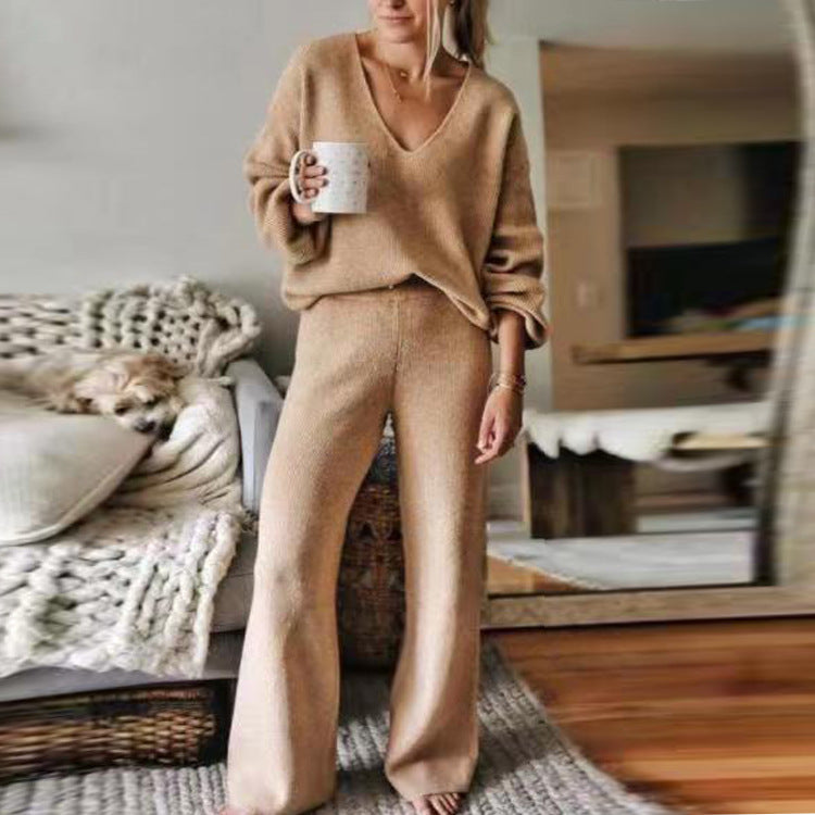 CBK: CALLIE 2 Piece Casual V-Neck Knit Pullover & Wide Leg Lounge Set